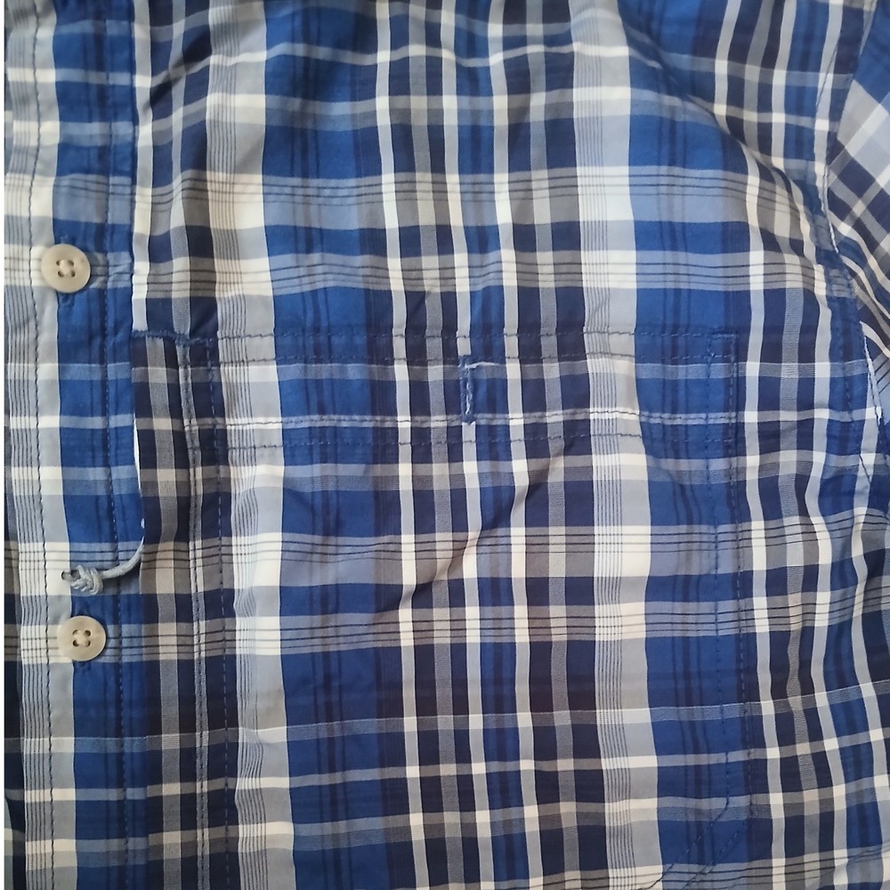 LL Bean Mens Blue Plaid Short‎ Sleeve Hiking Shirt Zip Pocket Large 511942 - Picture 2 of 4